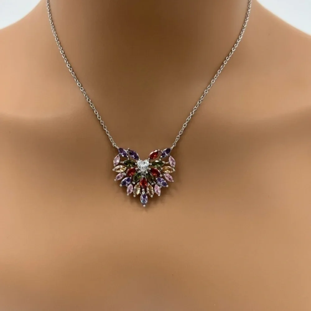 Colorful CZ Silver Heart Necklace